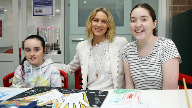 McHappy Day 2018 Ambassador Naomi Watts with Tamika Grimshaw, 9, and Lexi Adam, 15, who is staying at Ronald McDonald House in Randwick. Picture: Tim Hunter.