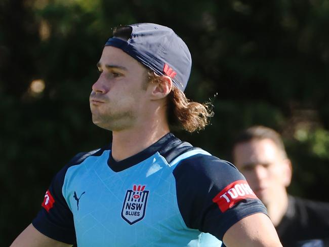 The Daily Telegraph 30.5.2024 Nicho Hynes trains with the group and does a fitness test with Liam Martin after.  Westpac NSW Blues State of Origin Team second training session in the Blue Mountains. Picture: Rohan Kelly