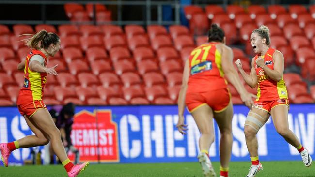 Maddy Brancatisano celebrates her first AFLW goal. Picture: Russell Freeman/AFL Photos