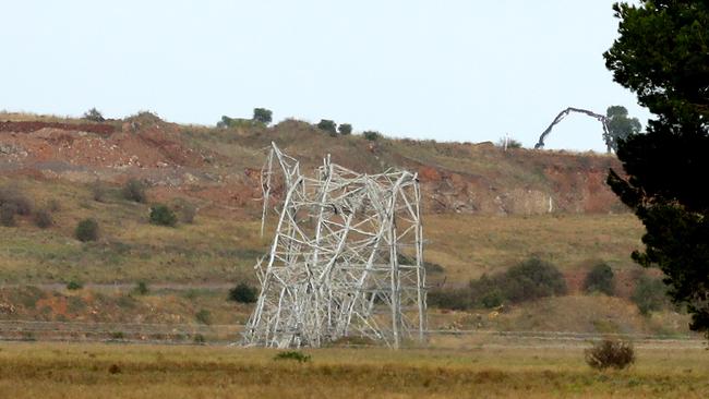 Wild weather brought down power transmission towers at Anakie, near Geelong, last week. Picture: Alison Wynd