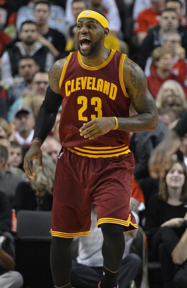 LeBron James #23 of the Cleveland Cavaliers yells out to his teammates during the fourth quarter of the game against the Portland Trail Blazers.