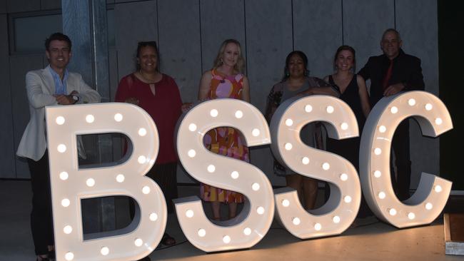 Bundamba State Secondary College staff Tyrone Jones, Chantal Nagas, Shannon Wellings, Jackie Toelein, Tanya Woodall, and John Jennings at the 2021 Bundamba State Secondary College year 12 formal, Ipswich Turf Club 17th of November 2021. Picture: Jessica Baker