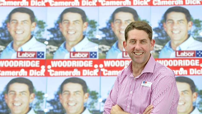 Cameron Dick with his Woodridge corflutes during the 2015 state election. Photograph; Renae Droop