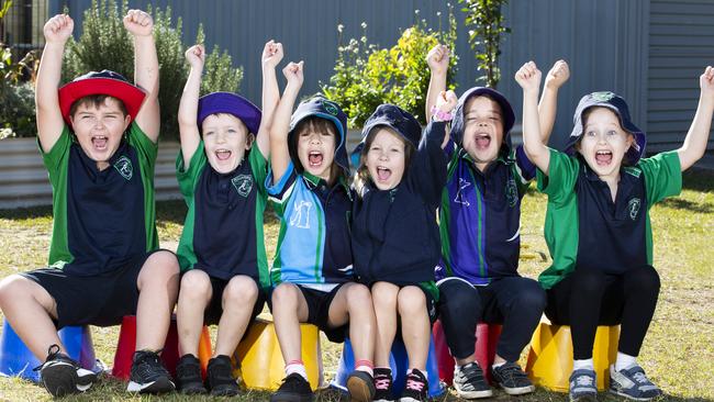 Tullawong Primary School prep students are back at school after COVID-19 restrictions are eased. Preppies Darcy, Zander, Fleur, Abigail, Seth and Amity. June 17, 2020. Picture: Renae Droop