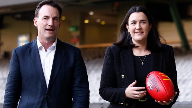 MELBOURNE, AUSTRALIA - AUGUST 28: Incoming AFL Chief Executive Andrew Dillon and newly appointed AFL Executive General Manager Football Laura Kane are seen during an AFL Media Opportunity at Marvel Stadium on August 28, 2023 in Melbourne, Australia. (Photo by Michael Willson/AFL Photos via Getty Images)