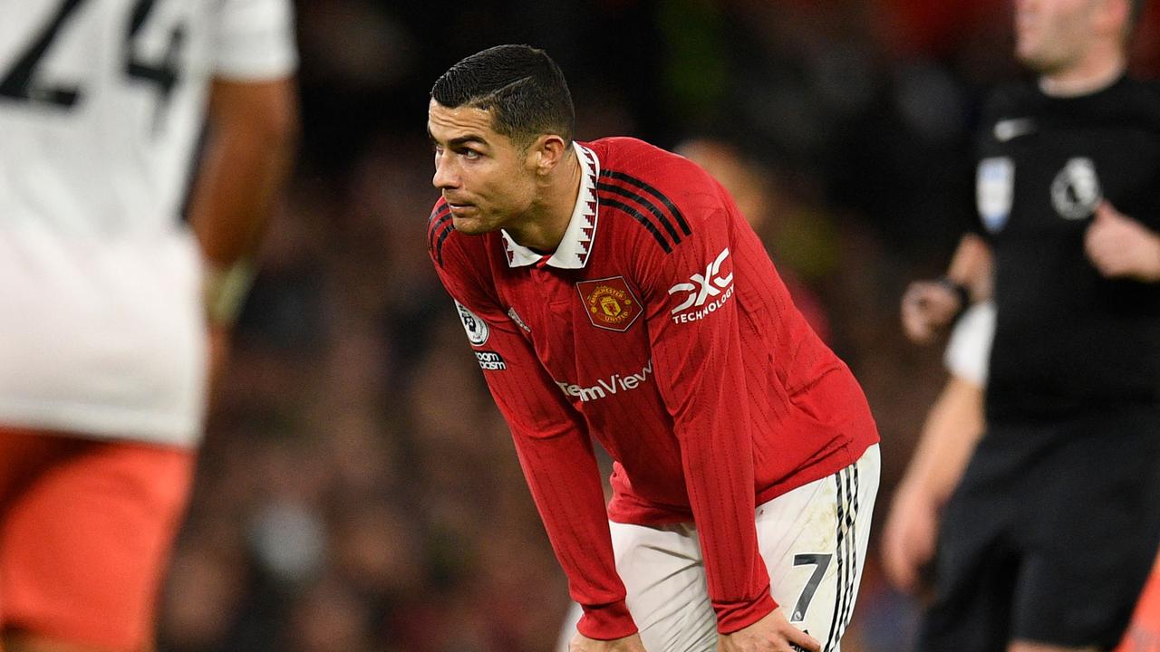 Manchester United's Portuguese striker Cristiano Ronaldo gestures during the English Premier League football match between Manchester United and West Ham United at Old Trafford in Manchester, northwest England, on October 30, 2022. (Photo by Oli SCARFF / AFP) / RESTRICTED TO EDITORIAL USE. No use with unauthorised audio, video, data, fixture lists, club/league logos or 'live' services. Online in-match use limited to 120 images. An additional 40 images may be used in extra time. No video emulation. Social media in-match use limited to 120 images. An additional 40 images may be used in extra time. No use in betting publications, games or single club/league/player publications. /