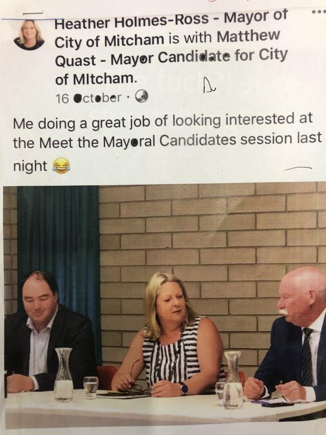 Mitcham Mayor Heather Holmes-Ross Facebook pages objected to by Glenn Spear.