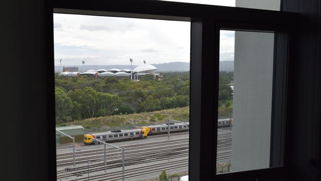 A view of the rail tracks and Adelaide Oval, from one of the new Royal Adelaide Hospital’s rooms.