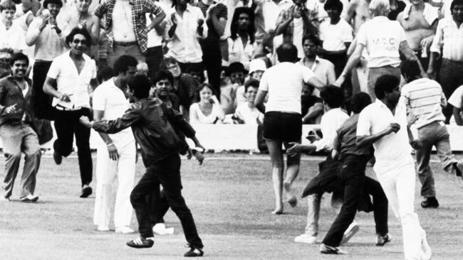 Indian supporters rush the field at Lord's after India's 1983 World Cup victory.