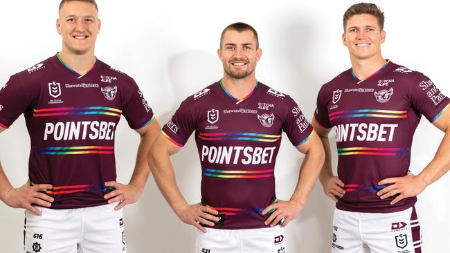 Manly's Sean Keppie, Kieran Foran and Reuben Garrick in the team’s pride jersey. Photo: Manly Digital