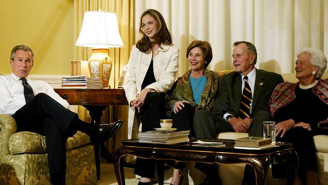 Dynasty (l-r): Then US President George W Bush (l), daughter Barbara, First Lady Laura, former US president George HW Bush and former first lady Barbara watching election updates at the White House, November 2004.