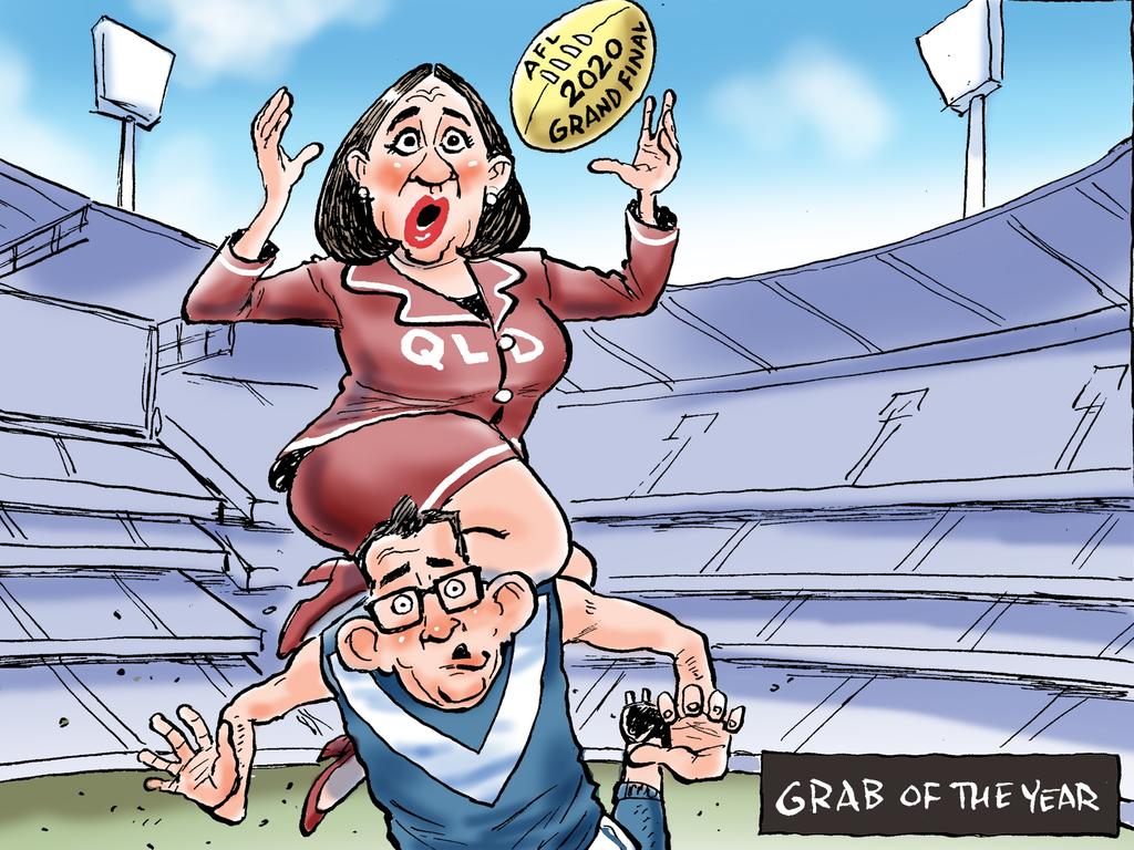 Knight cartoon for 10/8/20 on QLD looking to hold the AFL Grand Final