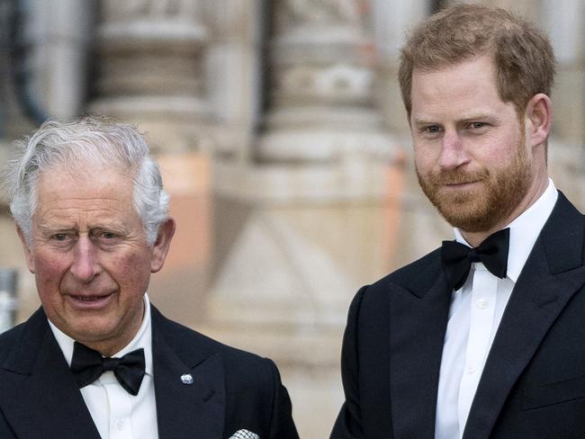 (FILES) In this file photo taken on April 04, 2019, Britain's Prince Charles, Prince of Wales and Britain's Prince Harry, Duke of Sussex, pose upon arrival for the Global Premiere of 
