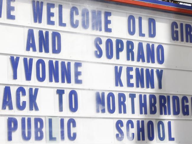 Welcome sign at the front of the school for the famous Australian soprano. Picture: John Appleyard