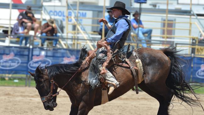 Sam Randall from Scone in saddle bronc action at the Warwick Rodeo.