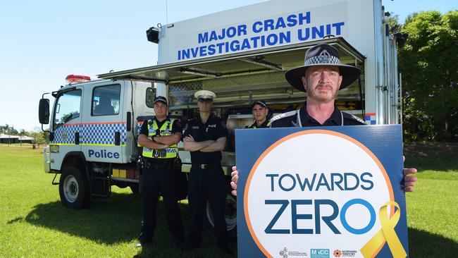 Senior First Constable First Class Rhys Studders, Detective Sergeant Michael Ordelman, Acting Superintendent Road Policing Drew Slape and Detective Acting Sergeant Jeshua Kelly discuss the impact car crashes have on first responders at the Road Policing Centre in Darwin. Picture: Keri Megelus