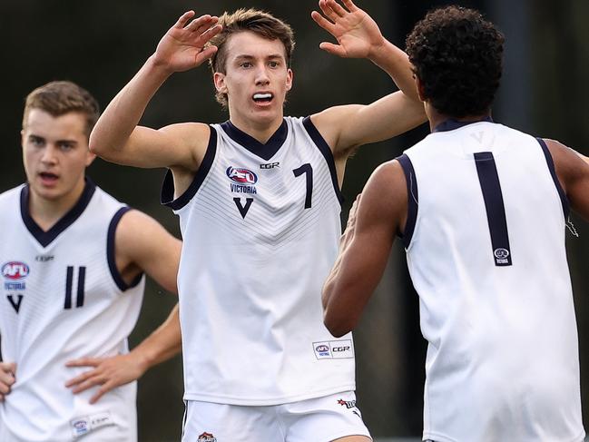 Judson Clarke celebrates one of his five goals in the Vic Country-Vic Metro match.