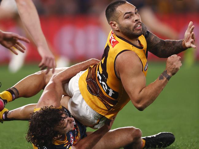 Will Hamill tries to bring down Jarman Impey. Picture: Michael Klein