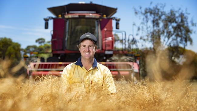 Let’s do this: Brayden Botheras ready to harvest canola. Brayden says he has had a pretty good year despite many frosts and yields should still be average or above. Picture: ZOE PHILLIPS