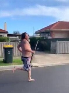 Kym Abrook re-enacts the moment he ran off an offender at Fulham Gardens in his undies with a didgeridoo. Picture: Nine News