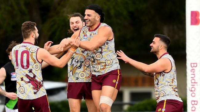 Steve Tolongs of Murrumbeena celebrates a goal. (Photo by Josh Chadwick)