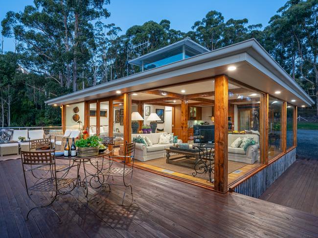 A view of the Huon River Hideaway’s cosy interior from the front veranda. Picture: Jon Jarvela photographs.