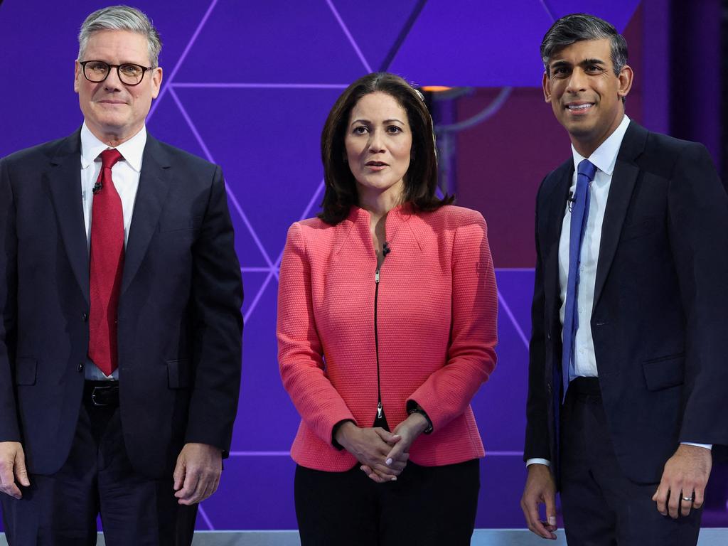 Current British Prime Minister Sir Keir Starmer, journalist Mishal Husain and former British Prime Minister Rishi Sunak. The veteran BBC reporter, seen here while moderating a debate leading up to the British election, is highly respected.