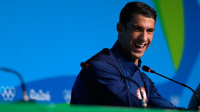 Michael Phelps speaks during a media conference in Rio de Janeiro.