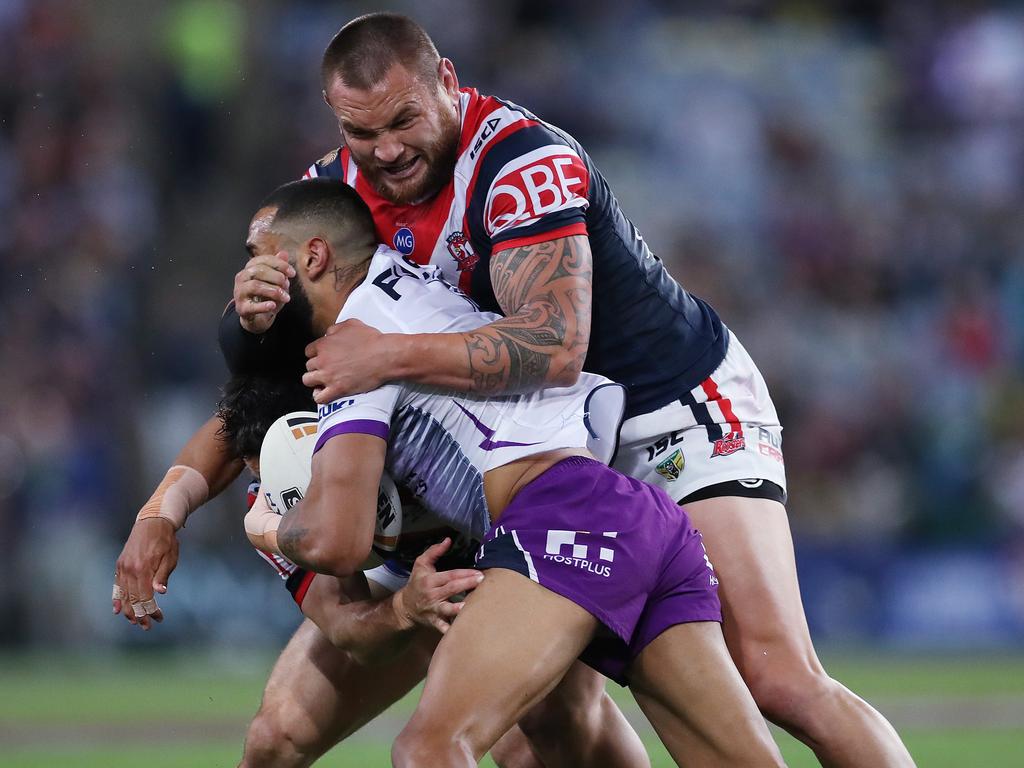 Roosters Jared Waerea-Hargreaves tackles Melbourne's Josh Addo-Carr during the 2018 NRL Grand Final between the Sydney Roosters and Melbourne Storm at ANZ Stadium. Picture. Phil Hillyard