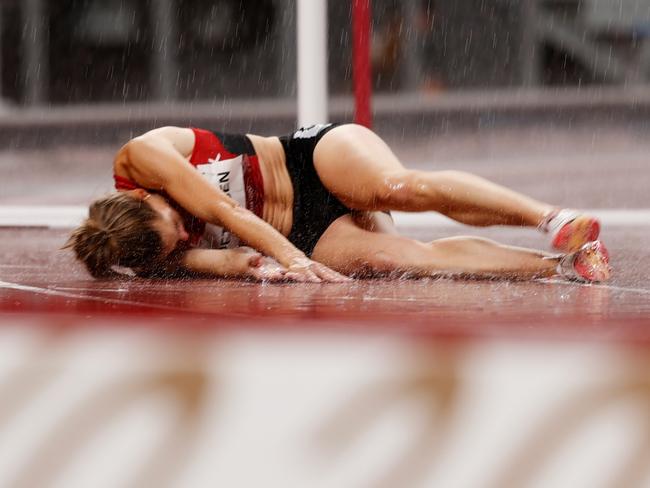 TOKYO, JAPAN - AUGUST 02:  Sara Slott Petersen of Team Denmark reacts after competing in the Women's 400 metres hurdles semi finals on day ten of the Tokyo 2020 Olympic Games at Olympic Stadium on August 02, 2021 in Tokyo, Japan. (Photo by Ezra Shaw/Getty Images)