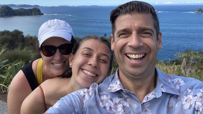 Parenting author Justin Coulson, daughter Ella and wife Kylie on a recent trip to New Zealand, leaving Ella's five sisters behind.