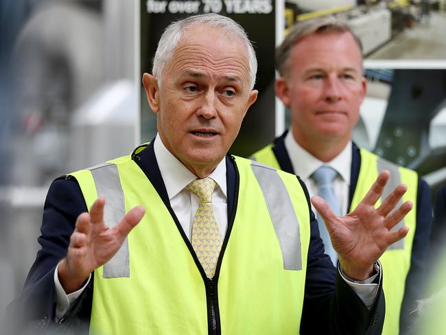 Malcolm Turnbull, left, and Will Hodgman at a press conference after touring the Norske Skog plant in the Derwent Valley. Picture: Sam Rosewarne