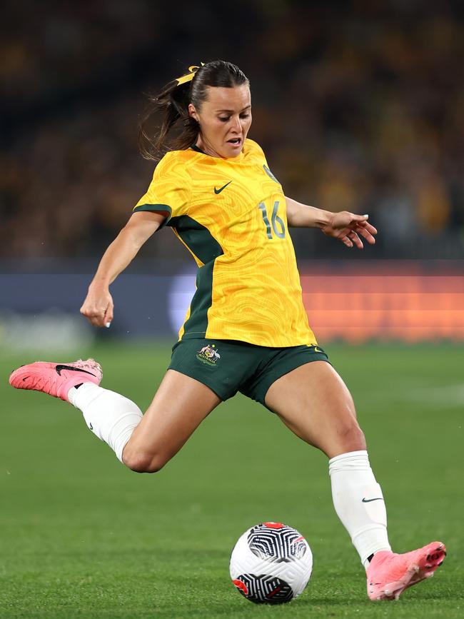 Mariah wears her hair in a ribbon as a homage to Matildas star Hayley Raso (pictured). Picture: Cameron Spencer/Getty Images