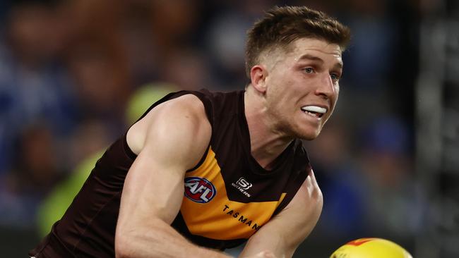 Dylan Moore will be ‘given every chance’ to play round 1, but the Hawks have ruled him out for at least a month and their clash against the Bombers is on March 16. Picture: Michael Klein