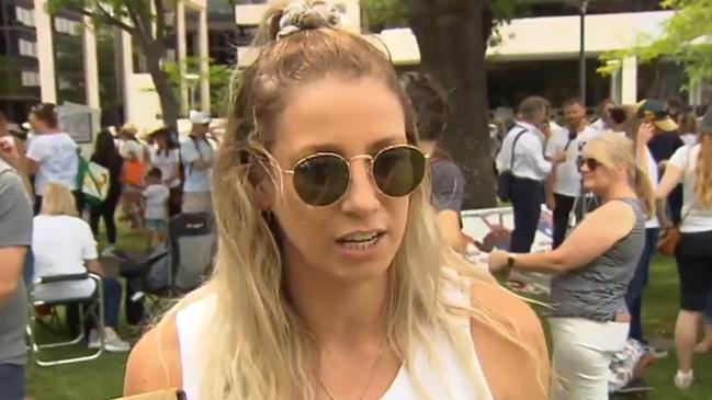 Varnhagen spoke to the media at a protest against mandatory vaccinations. Picture: 7 NEWS.