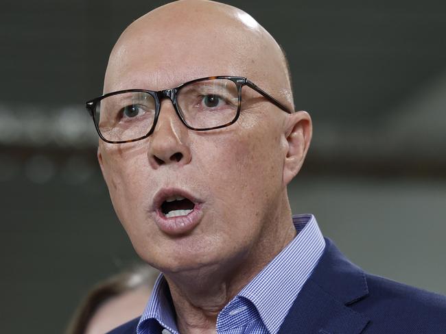 NCA 2025 FEDERAL ELECTION LIBERAL BUS. 17/04/2025Pictured is Opposition Leader Peter Dutton as he addresses the media following a tour of the Hunter Trade College in Telarah in the electorate of Patterson outside Newcastle in NSW.Picture: Richard Dobson / Newswire