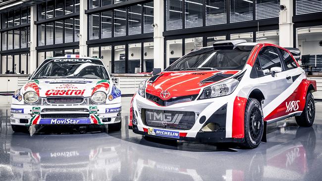 The new Yaris WRC alongside its Corolla WRC predecessor.