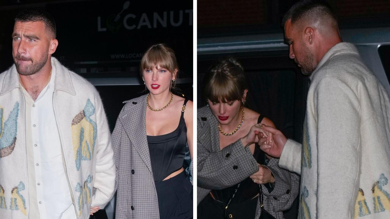 Taylor Swift and Travis Kelce arrive hand-in-hand at an SNL after party in New York.