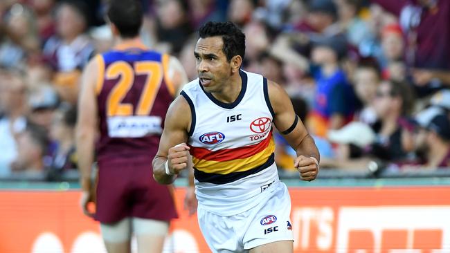 Adelaide’s Eddie Betts celebrates kicking a goal in the third quarter against the Lions in Brisbane. Picture: Bradley Kanaris/Getty