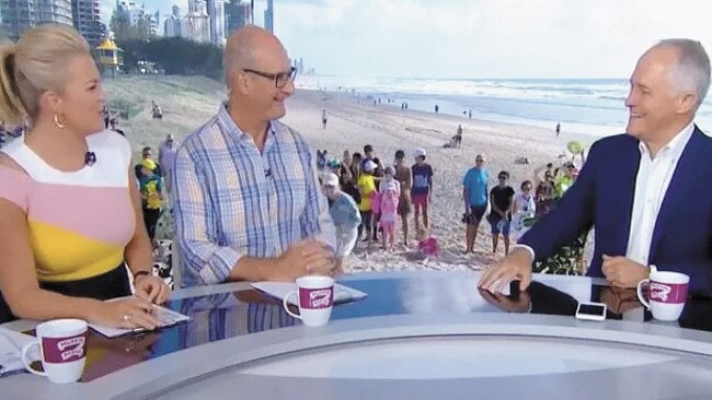 Koch and Sunrise co-star Samantha Armytage interviewing then-PM Malcolm Turnbull on the Gold Coast during the Commonwealth Games in April.