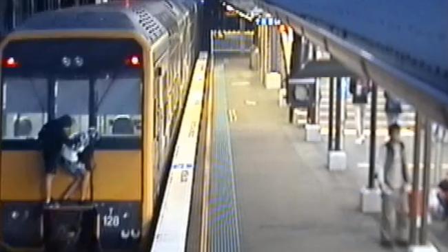 A pair in Mortdale were also filmed train surfing. Picture: Supplied