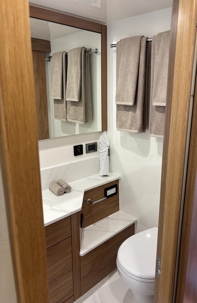 Inside the Maritimo S60 sedan luxury motor yacht, to be shown at the 2025 Sanctuary Cove Boat Show. Picture: Jacklyn O'Brien.