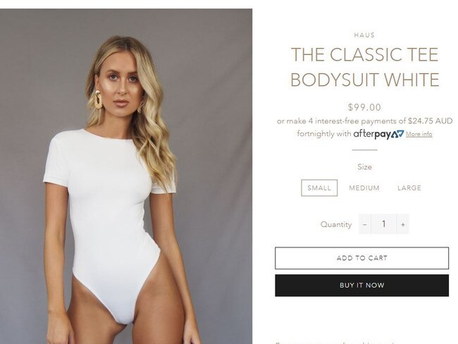 Gold Coast local Emily Venz modelling the white bodysuit for fashion label Haus.