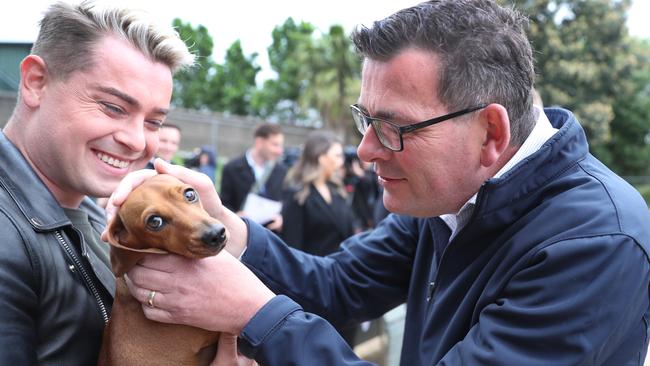 Daniel Andrews at the Caulfield dog park to announce an animal welfare package. Picture: David Crosling