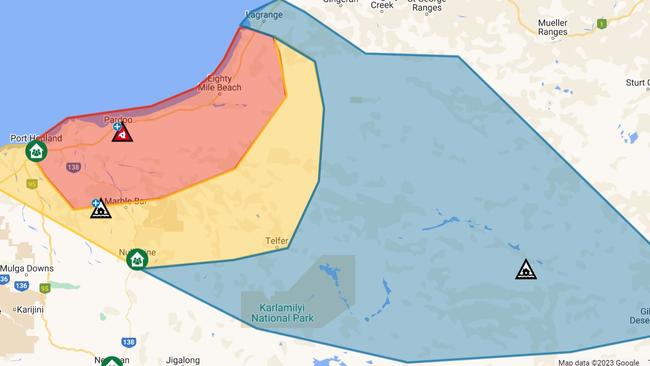 The DFES map showing the red alert warning area, surrounding yellow alert area, and the wider blue alert area.