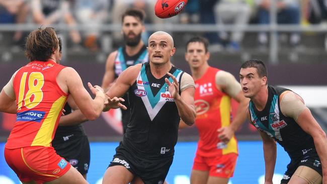 Sam Powell-Pepper kicked two goals in the final quarter of Port Adelaide’s win over Gold Coast in China on Saturday. Picture: David Mariuz (AAP).