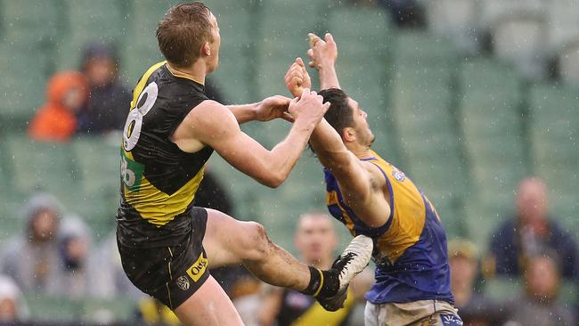 Jack Riewoldt was penalised for this marking attempt. Picture: Michael Klein