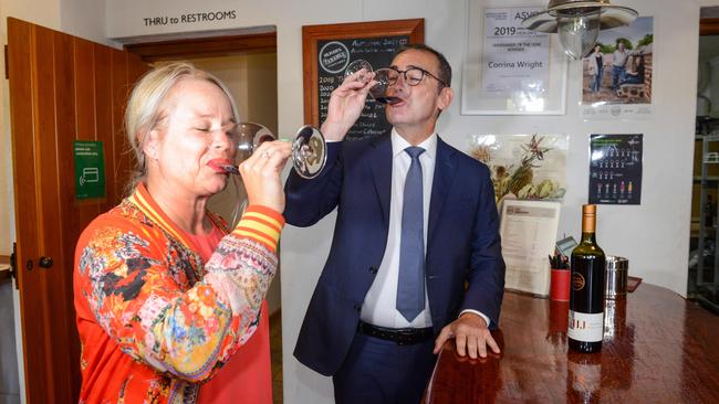 Premier Steven Marshall made the announcement alongside winemaker Corrina Wright at Oliver's Taranga Vineyards in McLaren Vale. Picture: NCA NewsWire / Brenton Edwards