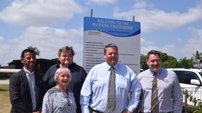 Whitsunday Regional Council customer experience director Adam Hagy, Cr John Collins, Cr Jan Clifford, Mayor Andrew Willcox and former Cr Ron Petterson at the opening of the new RV Park in Proserpine last year. Picture: File