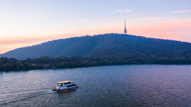 Aerial of Lake Burley Griffin and Telstra Tower at sunset. Picture: Getty